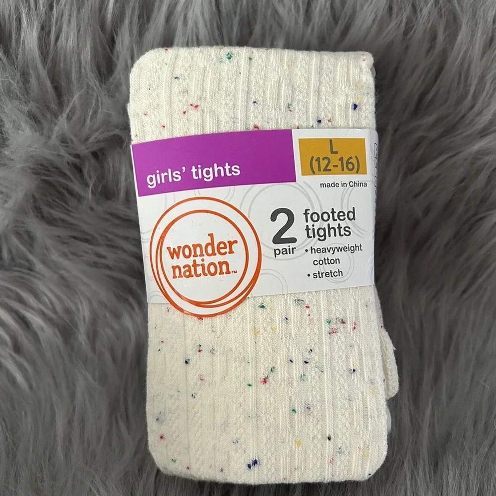 Wonder Nation Footed Tights Girls Size Large 2 Pack White Blue Dress Bottoms